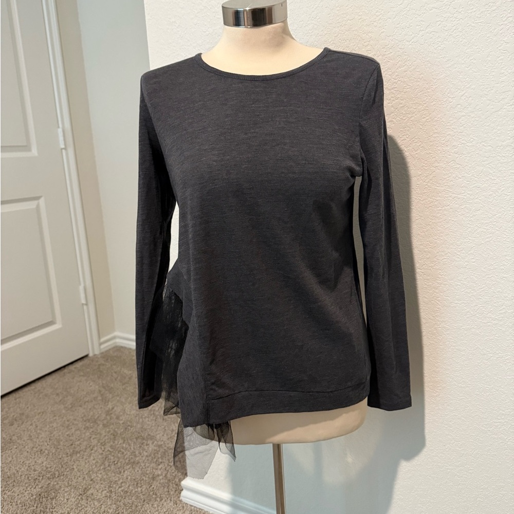 Gray Asymmetrical Blouse with Tuelle Detailing